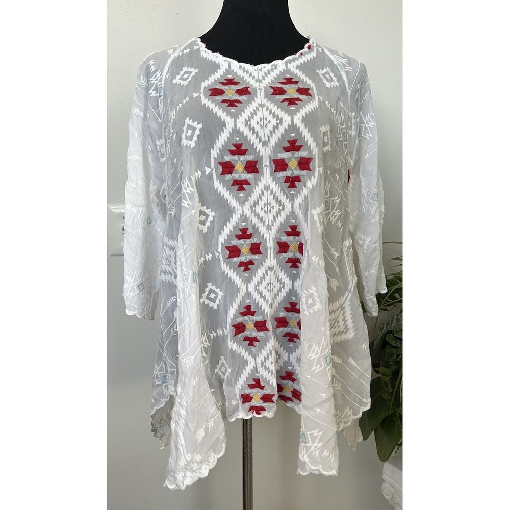 Johnny Was Asher Raglan Tunic Women's White Boho Aztec Casual Top Shirt Sz M